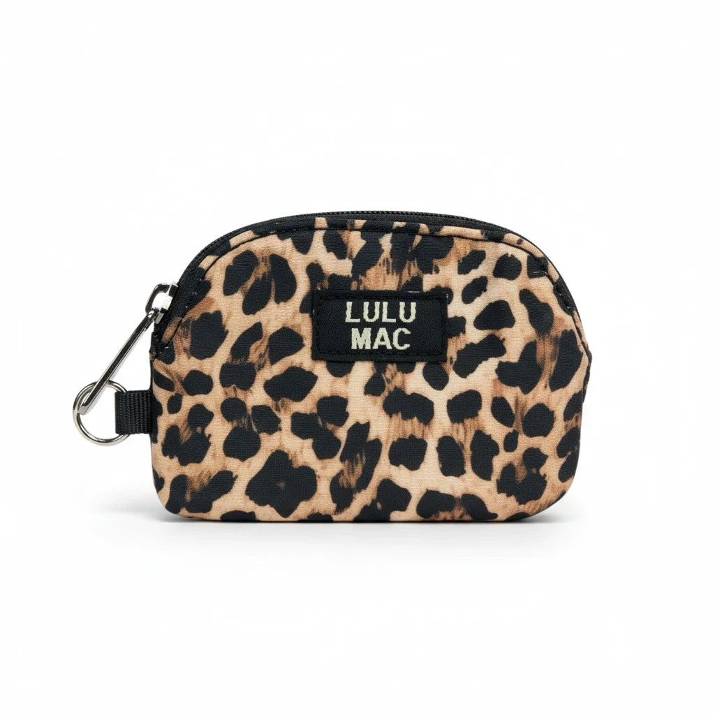 Doodlations Coffee Bar & Boutique Lulu Mac leopard print double pouch wristlet with a black zipper and metal clip.