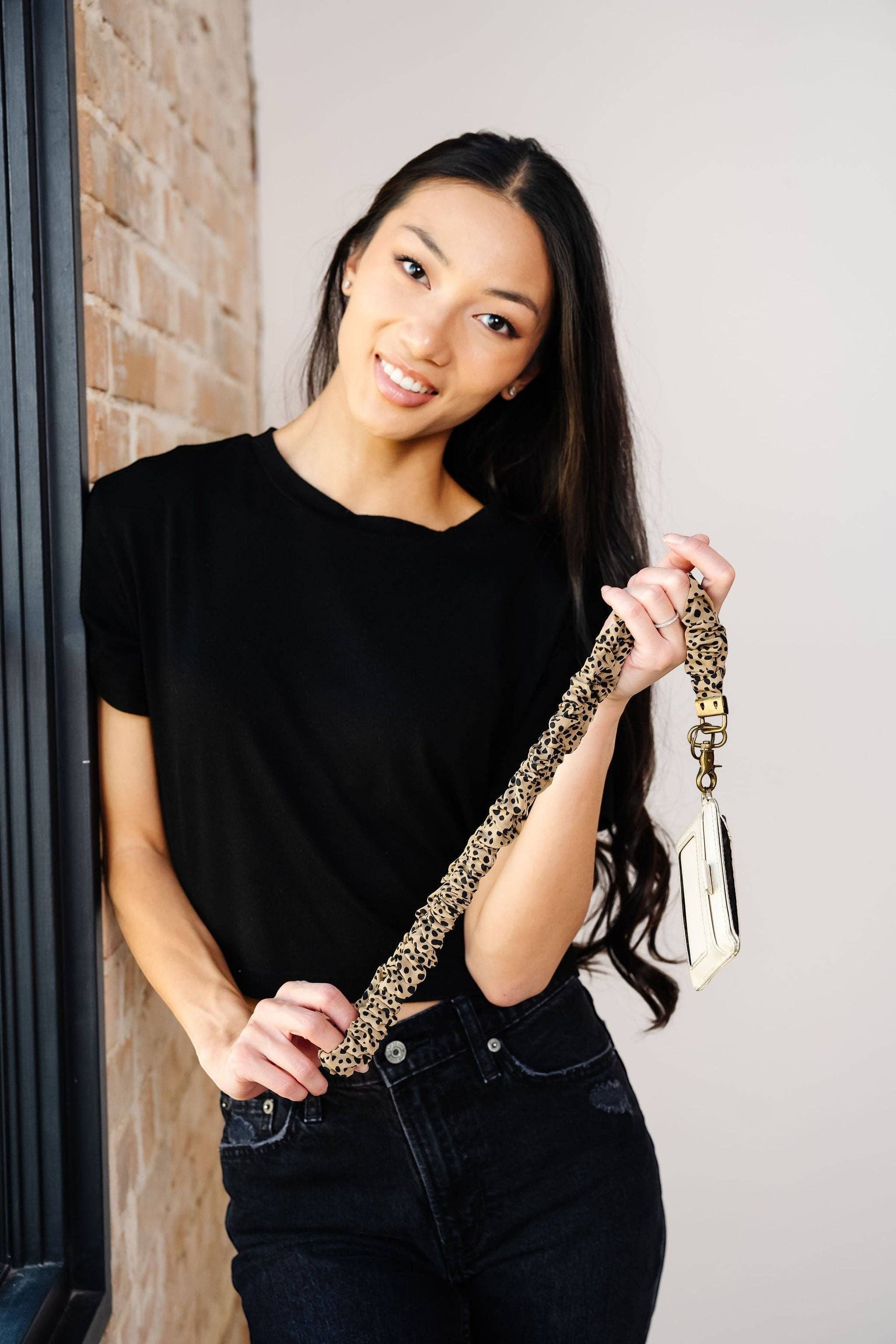 Doodlations Coffee Bar & Boutique leopard print scrunchie lanyard with antique brass hardware and white ID holder