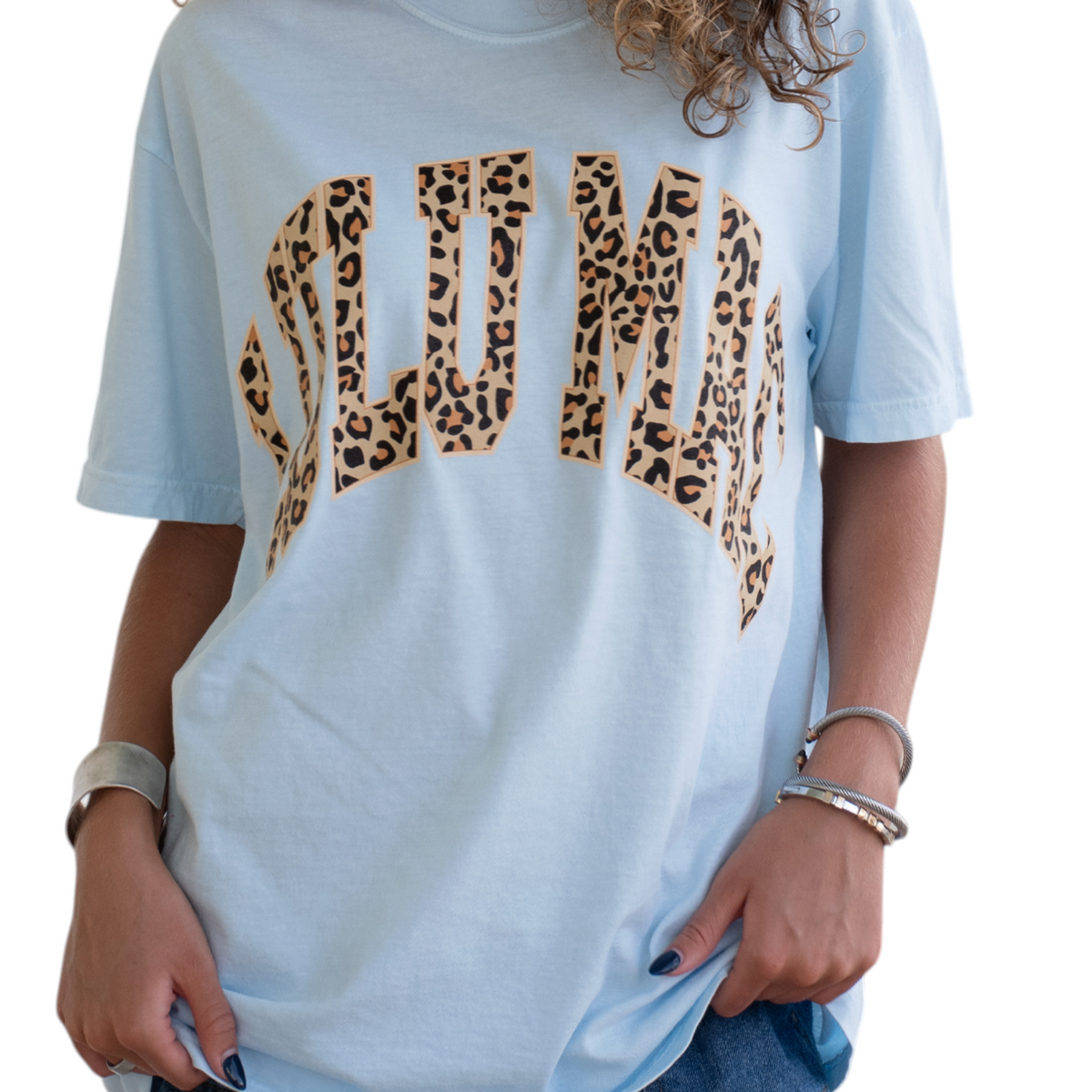 Doodlations Coffee Bar & Boutique light blue Comfort Colors t-shirt with leopard print Lulu Mac text graphic