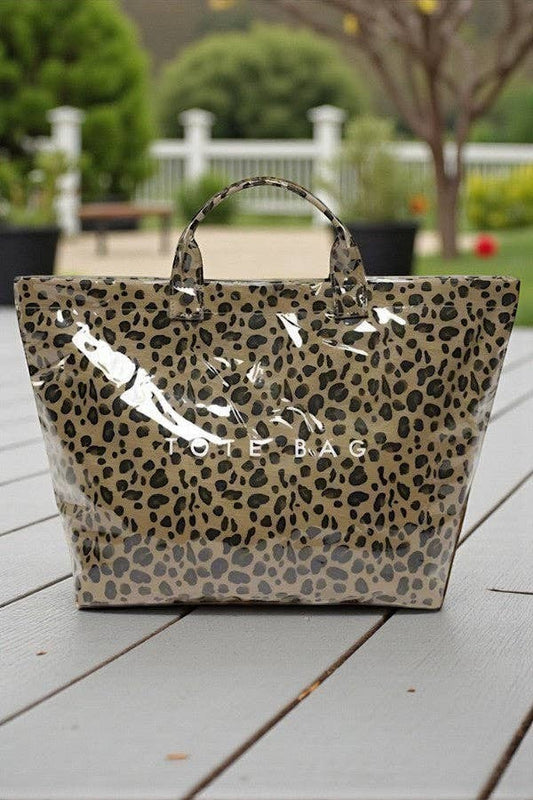 Doodlations Coffee Bar & Boutique glossy leopard print tote bag with a spacious interior for daily essentials.