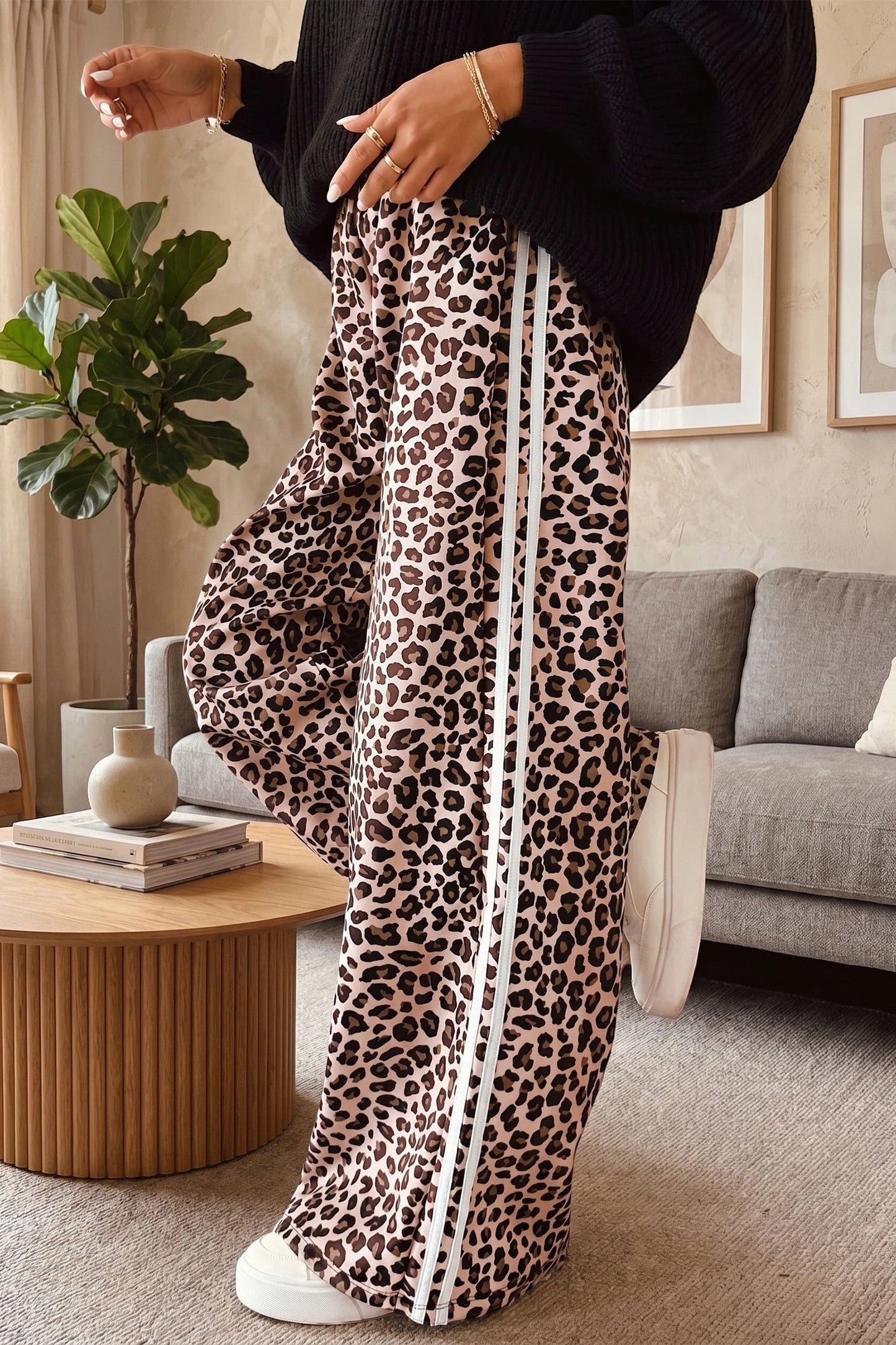 Doodlations Coffee Bar & Boutique wide leg pants in beige leopard print with white side stripe detail
