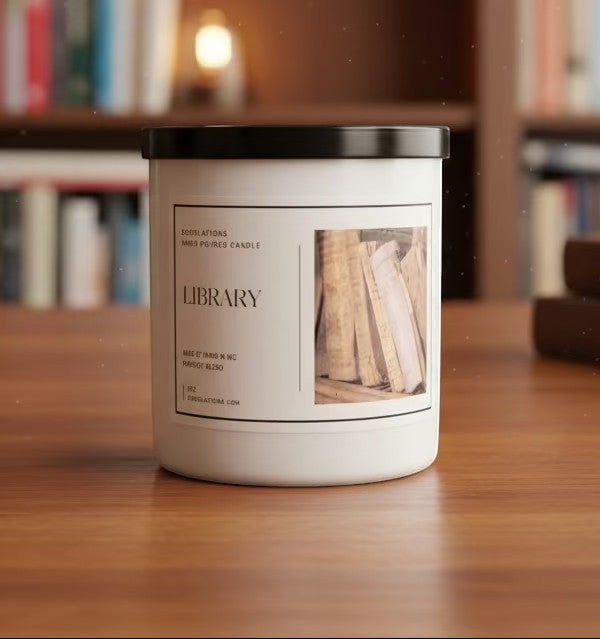 Doodlations Coffee Bar & Boutique Library luxury boutique candle in white jar with black lid, featuring a sophisticated woodsy scent.