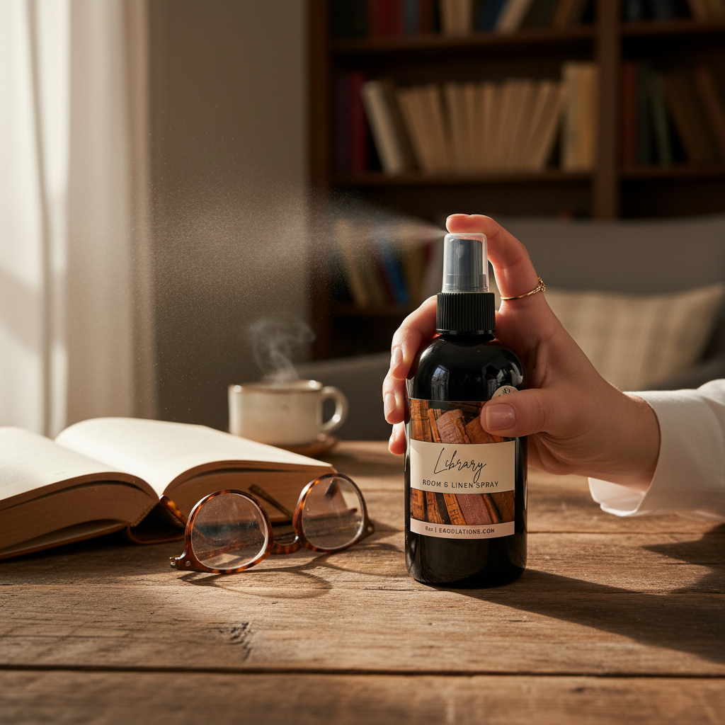 Doodlations Coffee Bar & Boutique Library room and linen spray being misted on a wooden desk with a book and glasses.
