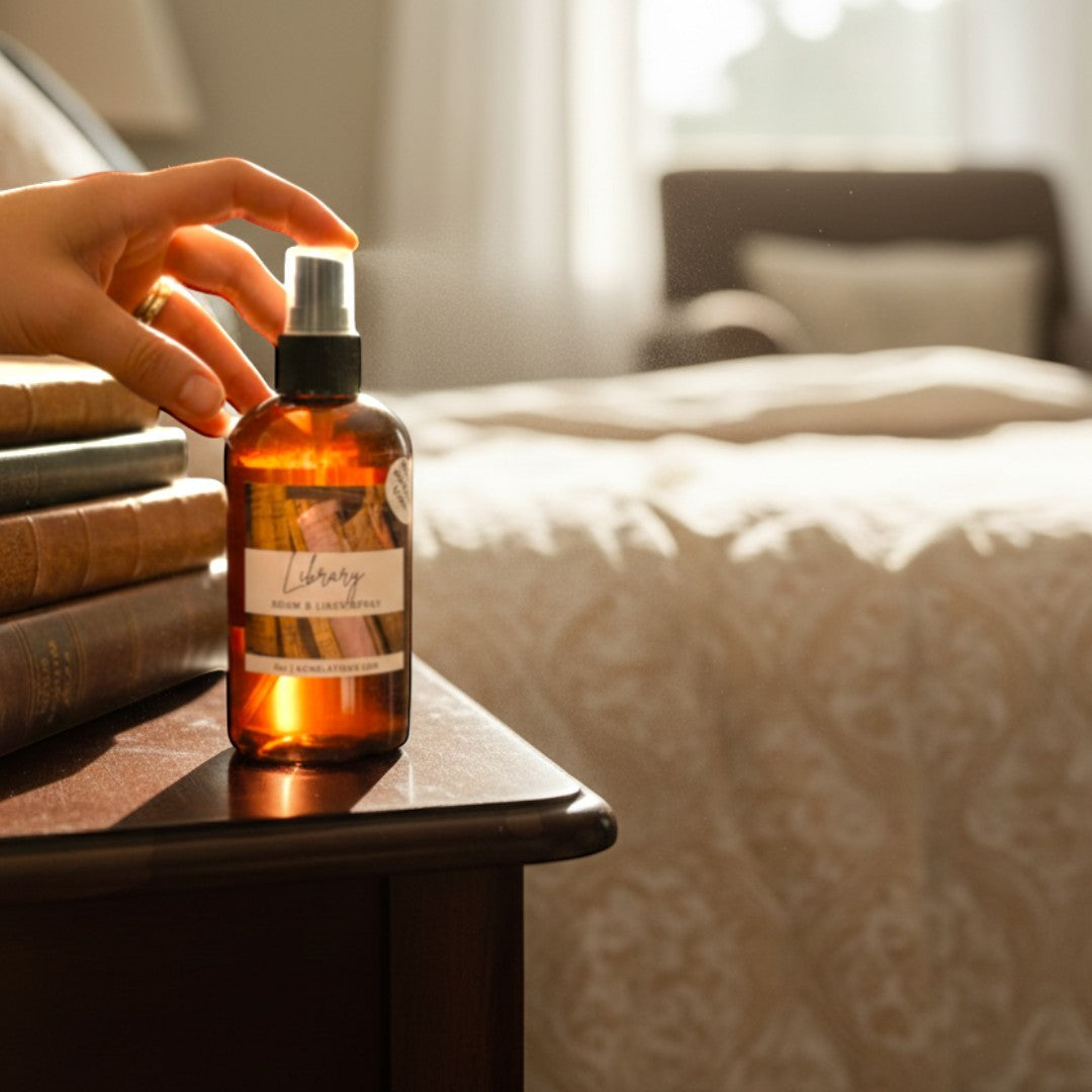 Doodlations Coffee Bar & Boutique Library Room & Linen Spray in amber bottle, notes of teakwood, cedar, leather, sandalwood, musk, patchouli.