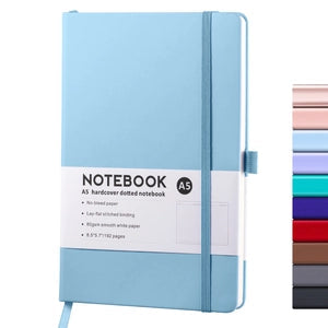Doodlations Coffee Bar & Boutique light blue A5 hardcover dotted journal with elastic closure and pen loop