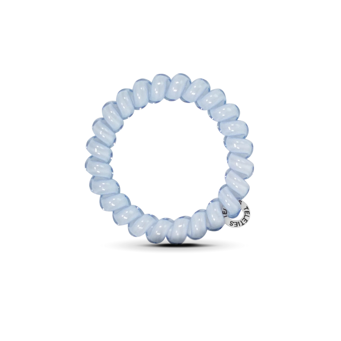 Doodlations Coffee Bar & Boutique light blue spiral hair tie with a small branded charm on a black background