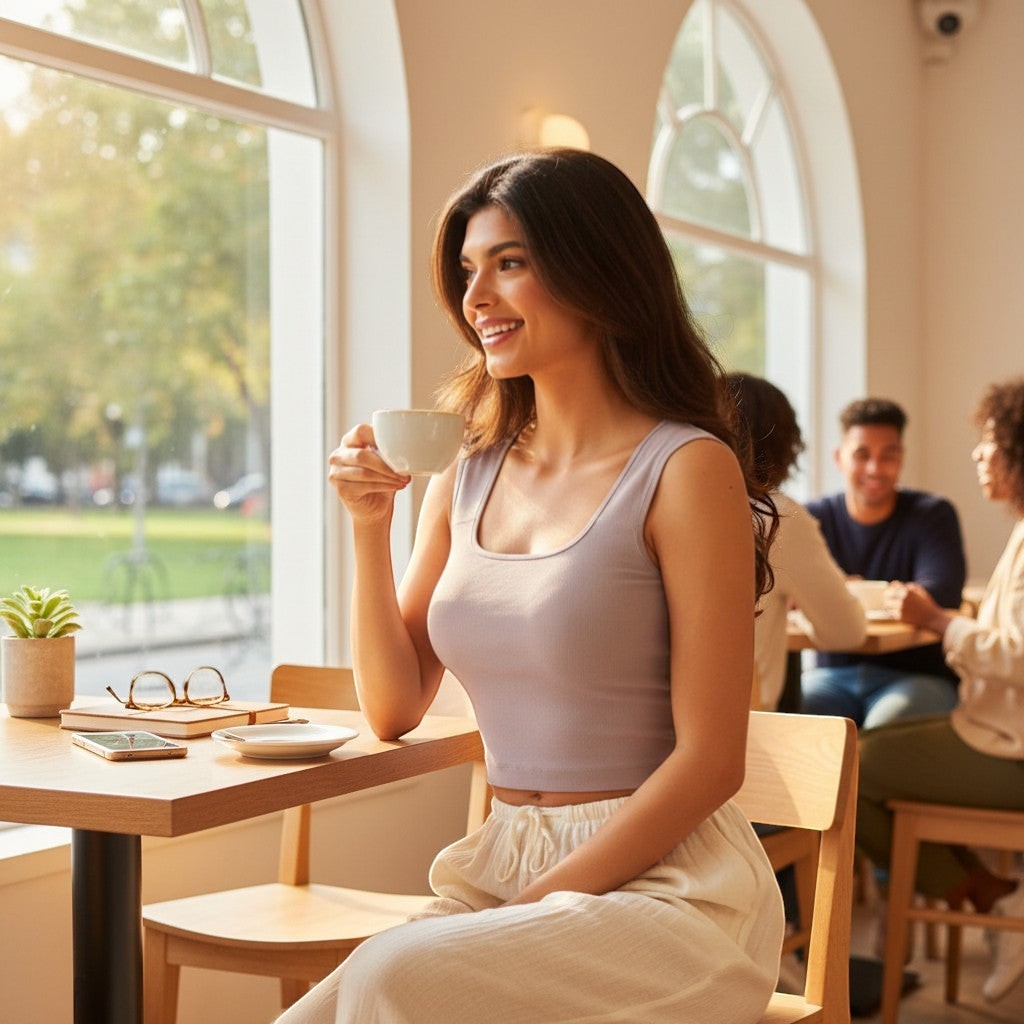 Doodlations Coffee Bar & Boutique The Tatum light purple seamless scoop neck tank top with cap sleeves and deep scoop back.