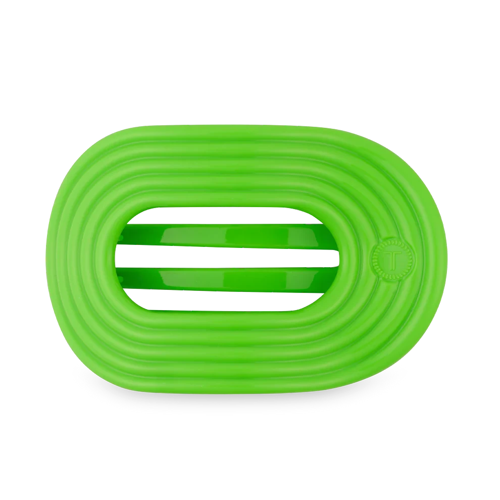 Doodlations Coffee Bar & Boutique lime green Teleties Glow For It flat round hair clip with horizontal cutouts.