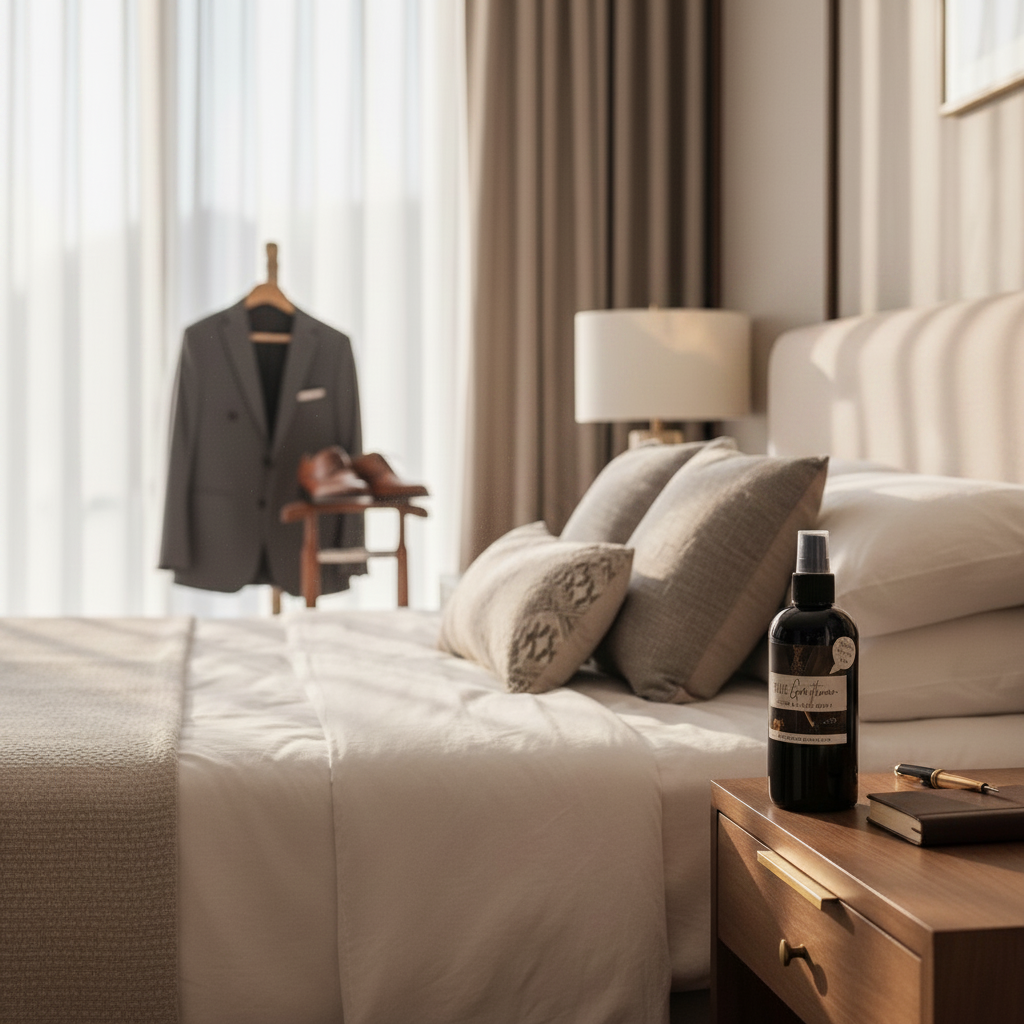 Doodlations Coffee Bar & Boutique The Gentleman room and linen spray bottle on a wooden nightstand in a bedroom.