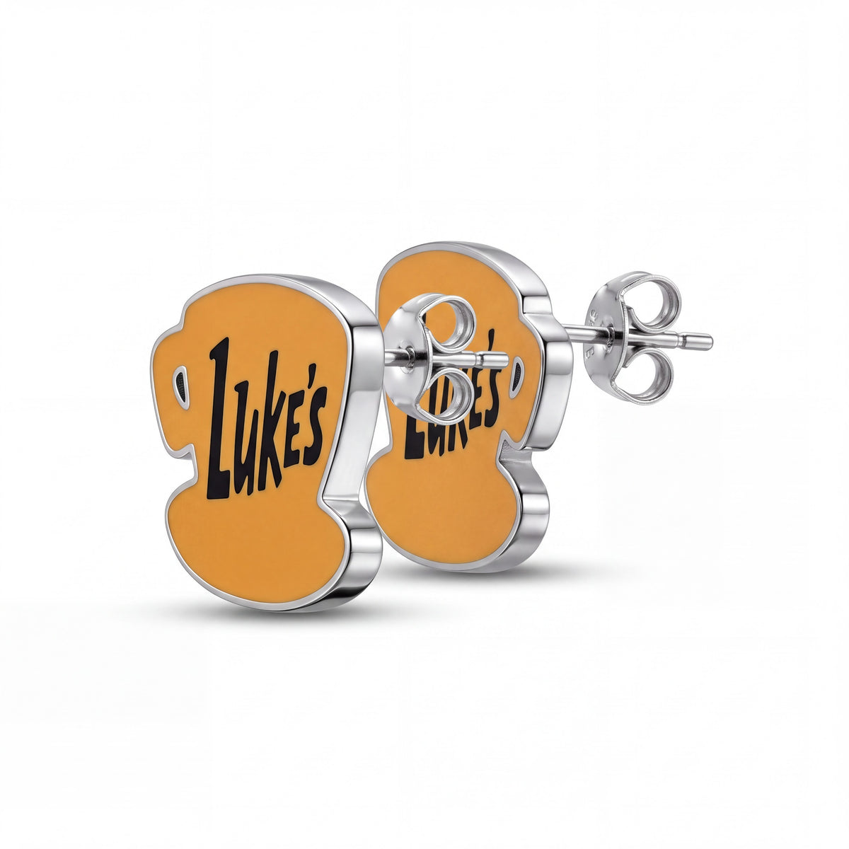 Doodlations Coffee Bar & Boutique Luke's Diner stud earrings featuring orange coffee mug shapes with black text.