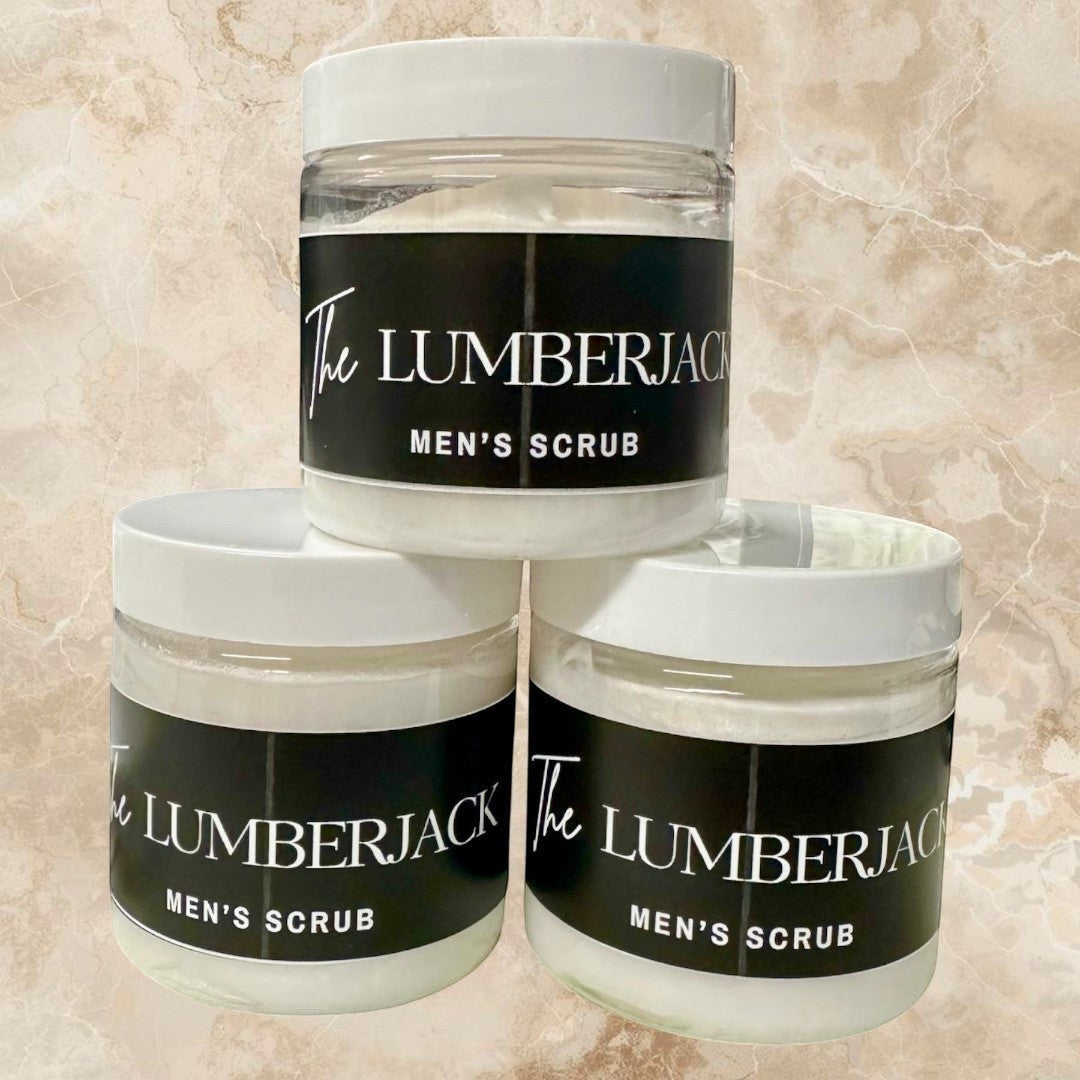 Doodlations Coffee Bar & Boutique The Lumberjack Men's Scrub in clear jars with white lids and black labels.