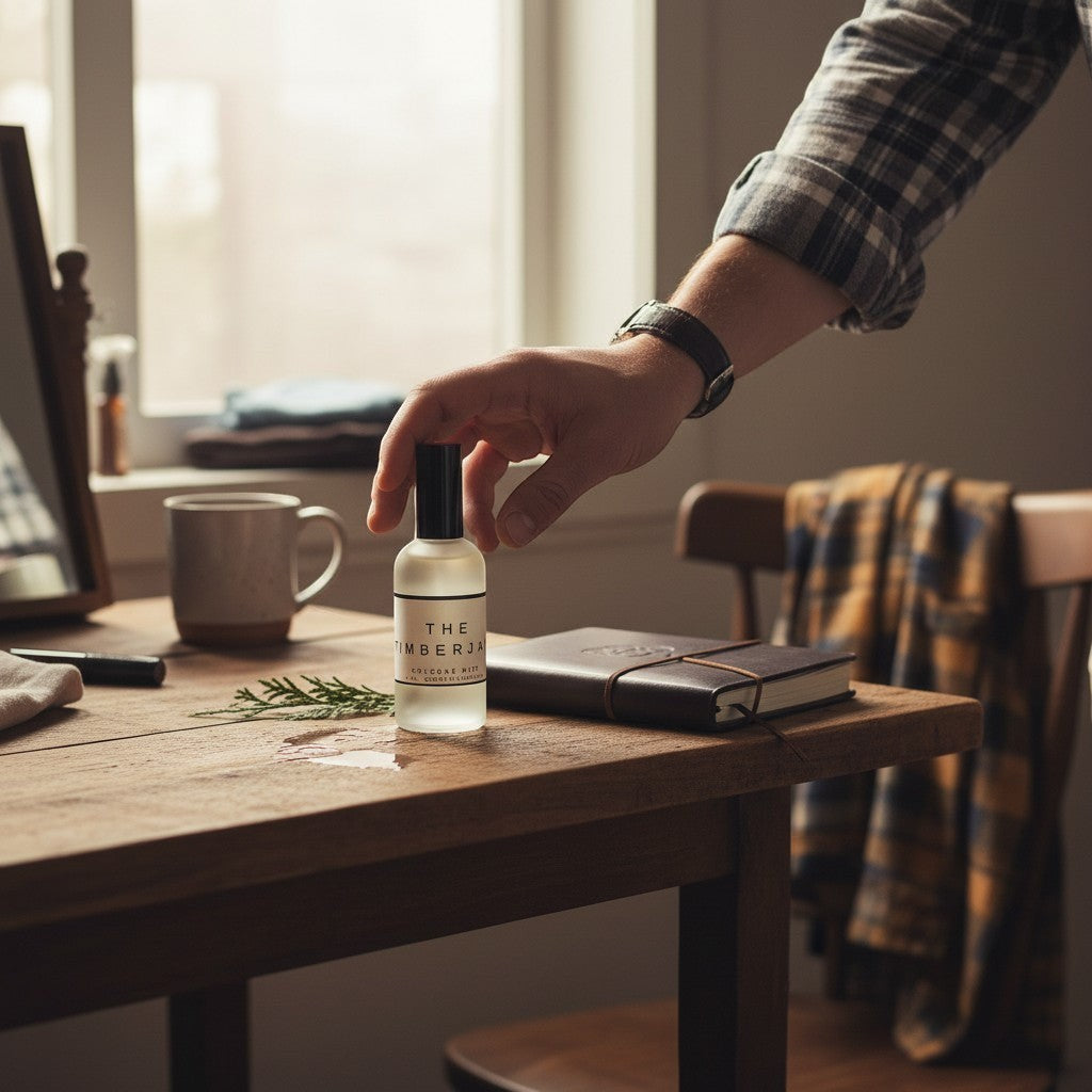 Doodlations Coffee Bar & Boutique The Lumberjack fine mist perfume bottle on a rustic wooden desk with a man's hand.