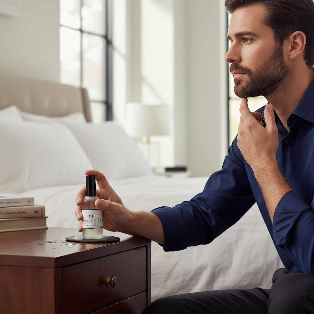 A man in a navy shirt holding a bottle of Doodlations Coffee Bar & Boutique The Lumberjack fine mist perfume