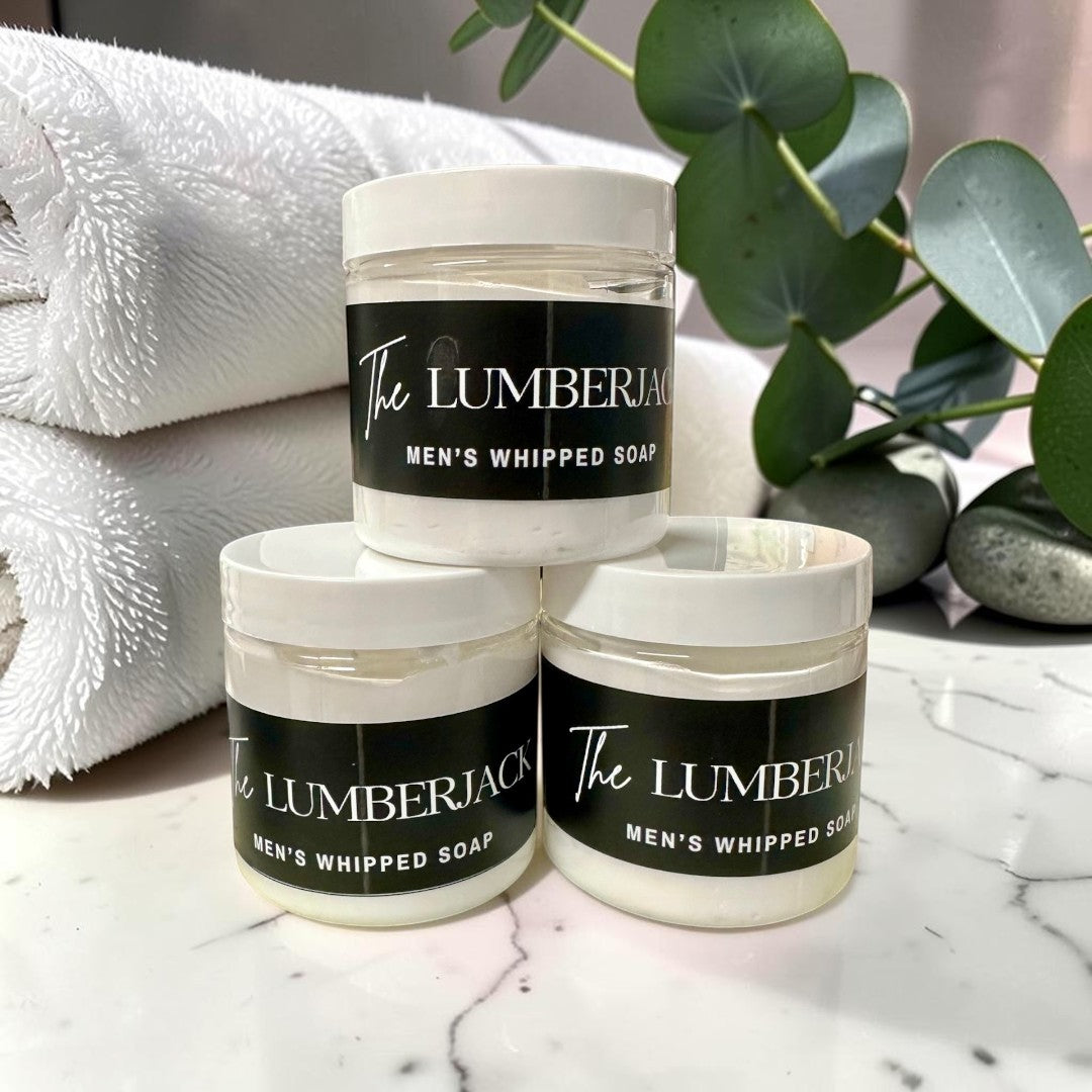 Doodlations Coffee Bar & Boutique The Lumberjack whipped soap in 4oz jars with cedar and sandalwood scent.
