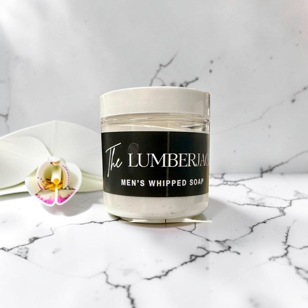 Doodlations Coffee Bar & Boutique The Lumberjack whipped soap in three 4oz jars with black labels and white lids.