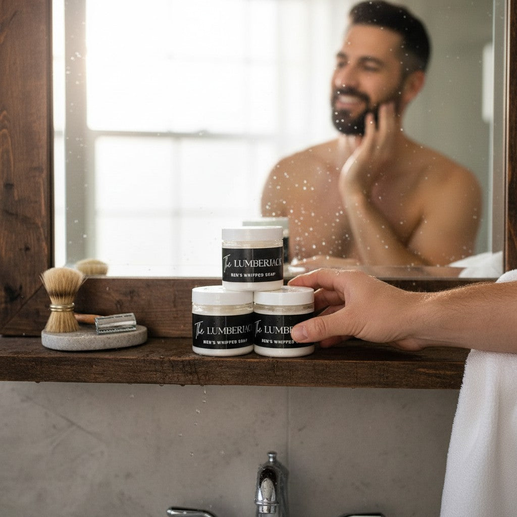 Doodlations Coffee Bar & Boutique The Lumberjack whipped soap jars on a bathroom shelf with a man in the mirror.