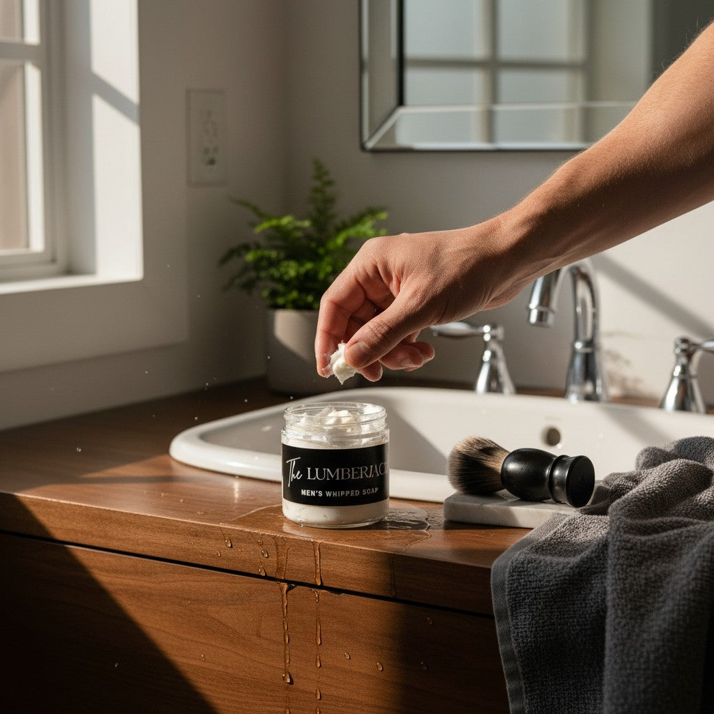 Doodlations Coffee Bar & Boutique The Lumberjack whipped soap in a jar with a shaving brush on a wooden bathroom vanity