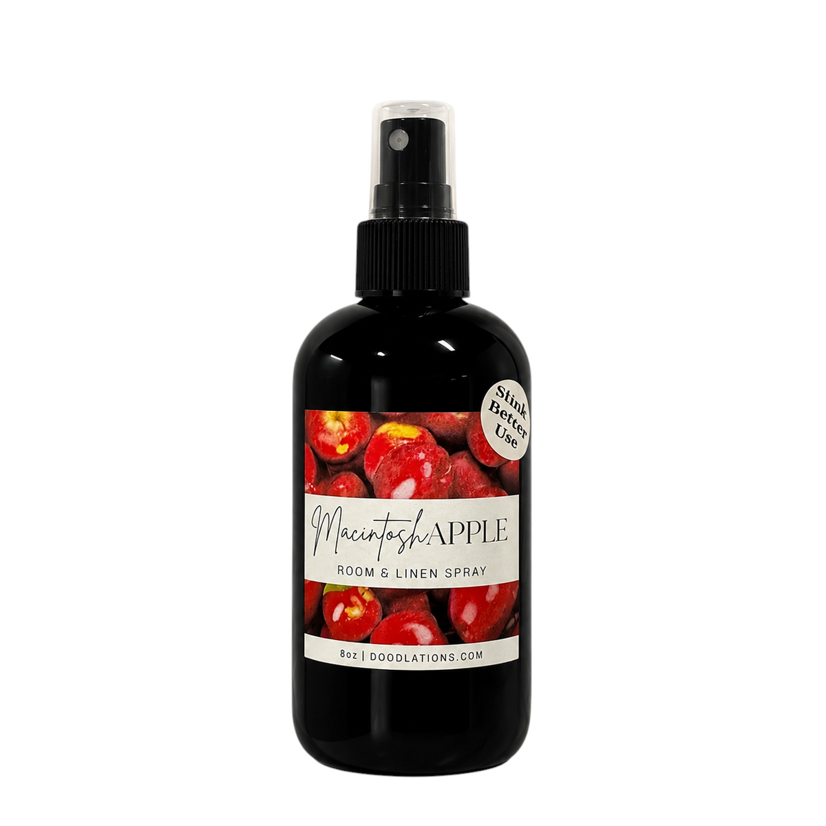 Doodlations Coffee Bar & Boutique Macintosh Apple room and linen spray in a black bottle with an apple label.