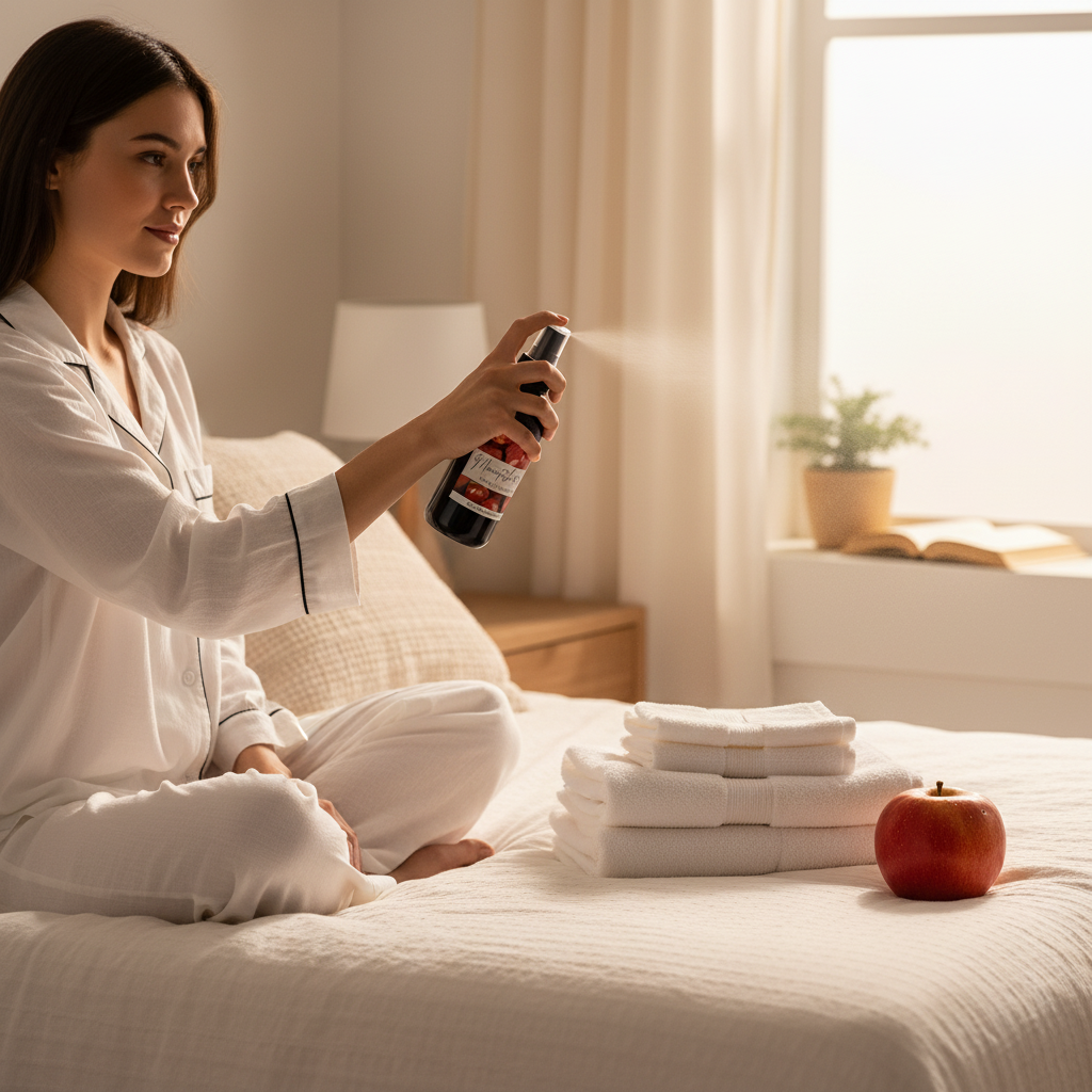 Woman in white pajamas spraying Doodlations Coffee Bar & Boutique Macintosh Apple room spray over white linens.