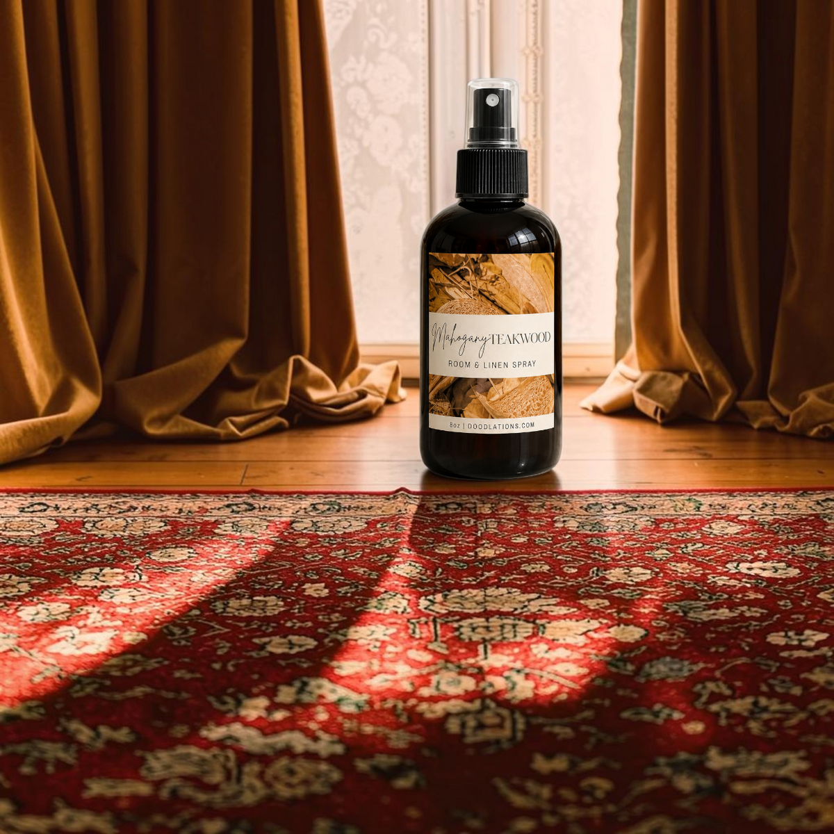 Doodlations Coffee Bar & Boutique Mahogany Teakwood room and linen spray in an amber bottle on a patterned rug.