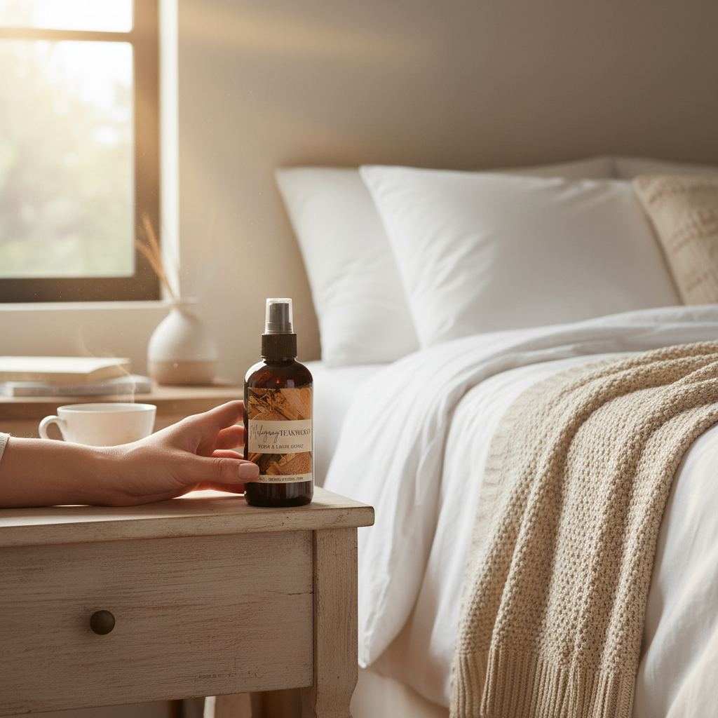 Doodlations Coffee Bar & Boutique Mahogany Teakwood room and linen spray bottle held on a bedside table in a bedroom.