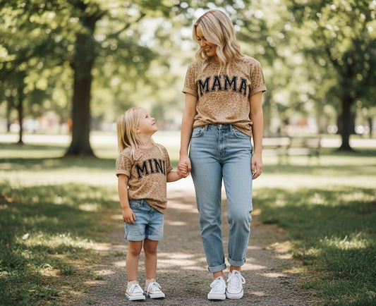 Doodlations Coffee Bar & Boutique Mama and Mini leopard print 100% cotton t-shirts with black lettering.