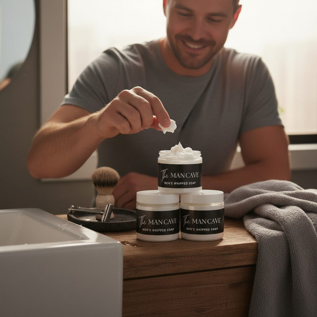Man using Doodlations Coffee Bar & Boutique The Mancave whipped soap with lime, eucalyptus, and amber scent in a jar.