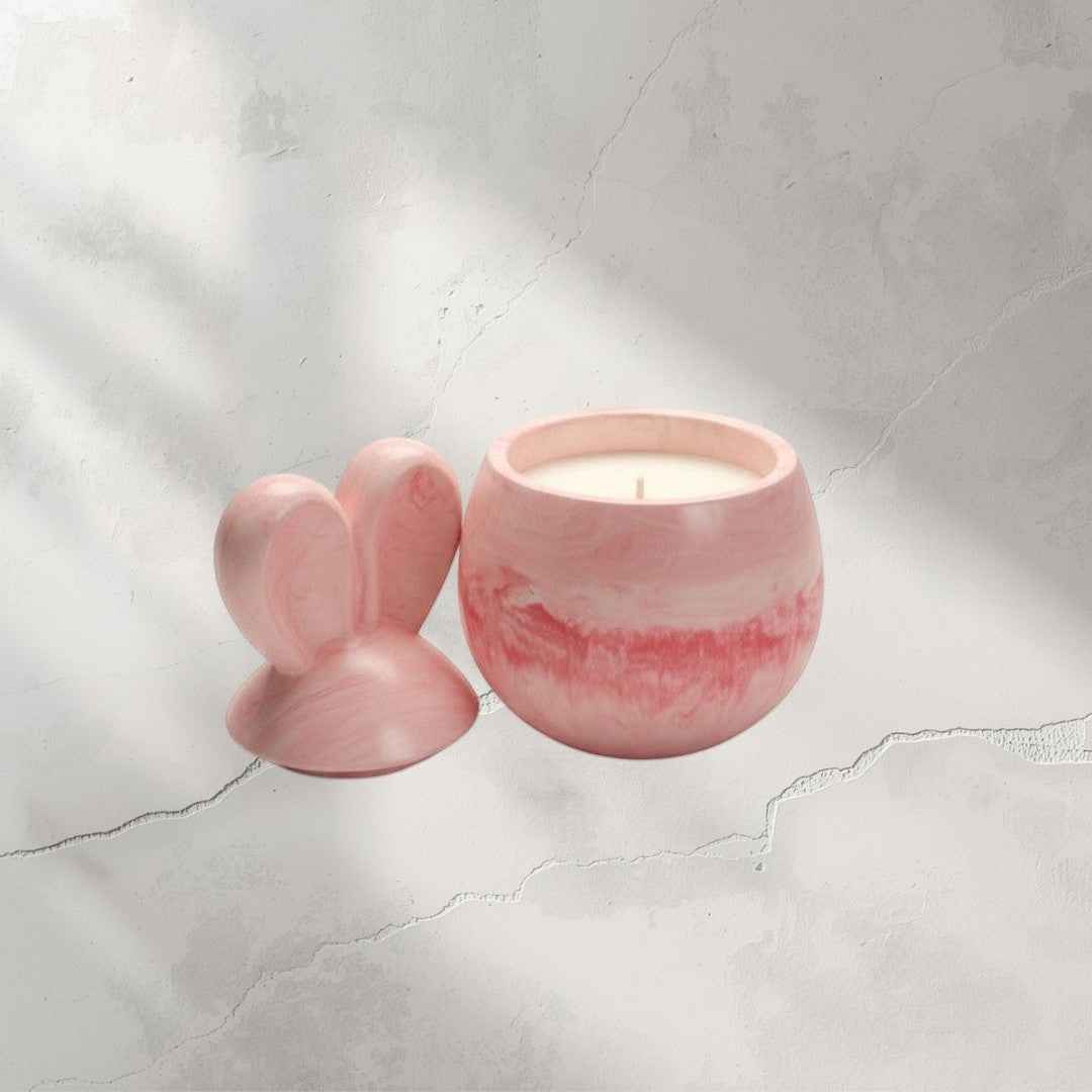 Doodlations Coffee Bar & Boutique marbled pink concrete bunny candle with lid, soy blend wax, 9oz, sangria scent