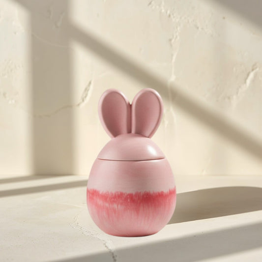 Doodlations Coffee Bar & Boutique marbled pink bunny candle with lid, soy blend wax, 9oz, sangria scent.