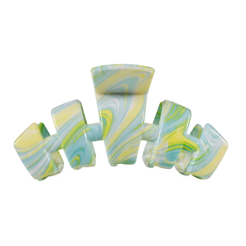 Doodlations Coffee Bar & Boutique Classic By the Sea Shore claw clip with a yellow and blue marbled swirl pattern