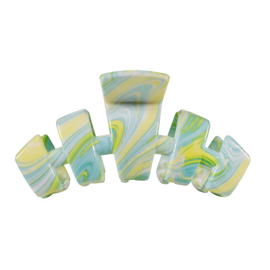 Doodlations Coffee Bar & Boutique Classic By the Sea Shore claw clip with a yellow and blue marbled swirl pattern