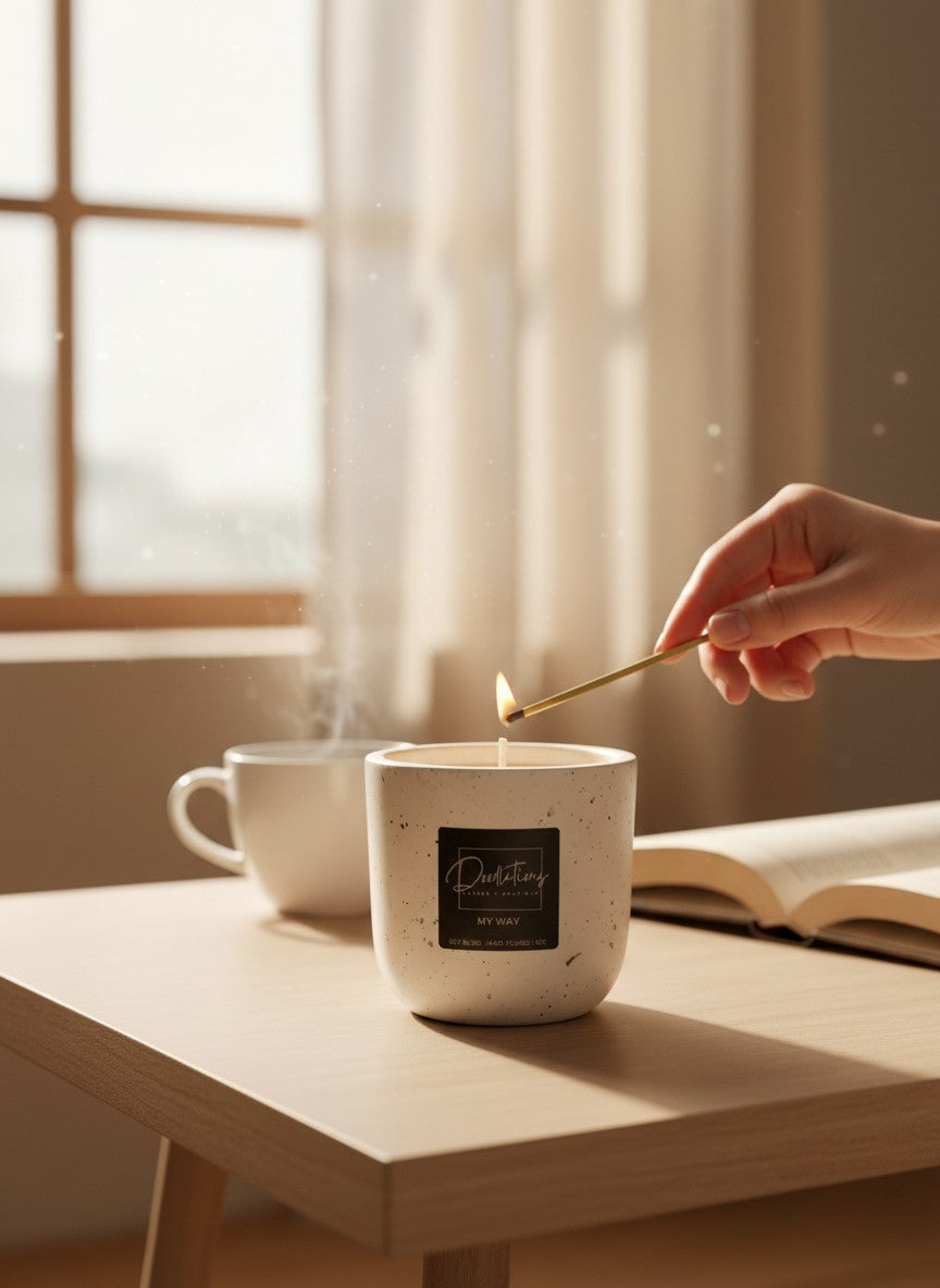 Doodlations Coffee Bar & Boutique marbled concrete candle being lit on a wooden table with a book and coffee cup.