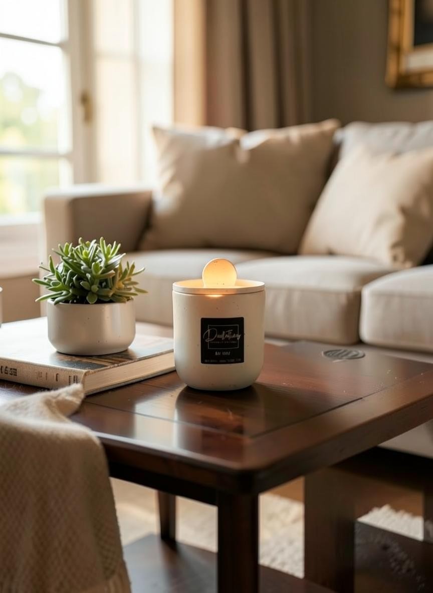 Doodlations Coffee Bar & Boutique marbled concrete candle on a wooden coffee table in a cozy living room setting.