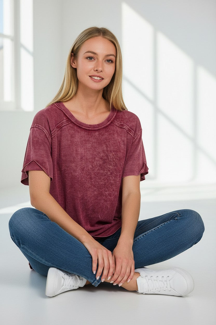 Doodlations Coffee Bar & Boutique oversized maroon mineral wash cotton blend tee with crew neck and distressed details.