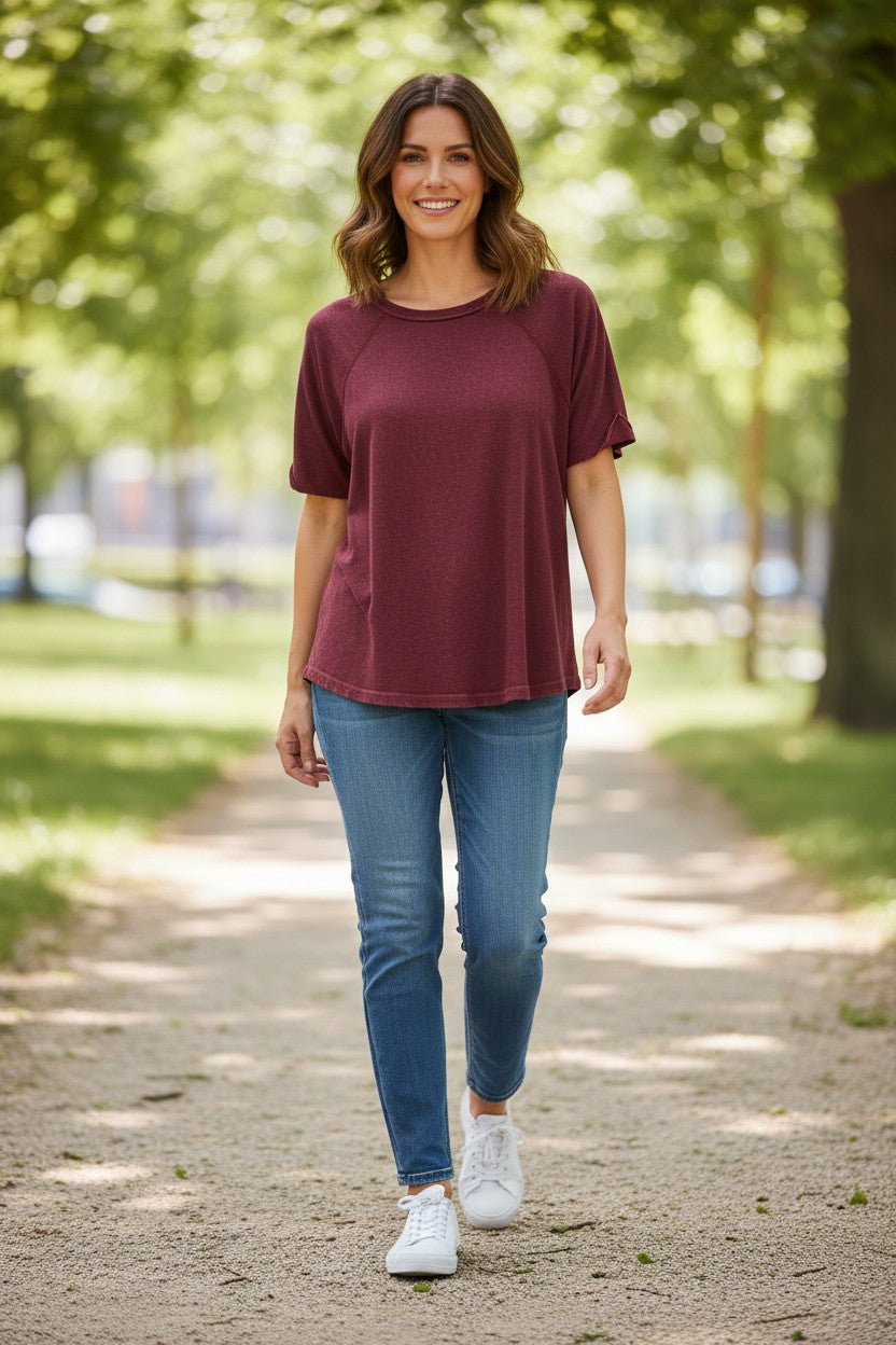 Doodlations Coffee Bar & Boutique maroon mineral wash oversized cotton blend tee with crew neck and short sleeves.