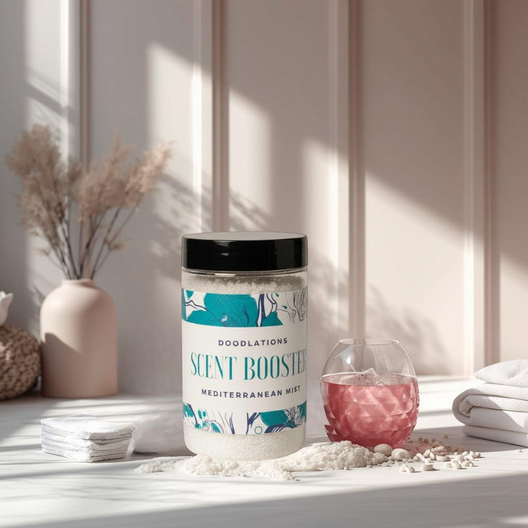 Doodlations Coffee Bar & Boutique Mediterranean Mist laundry scent booster in a clear jar with a black lid.