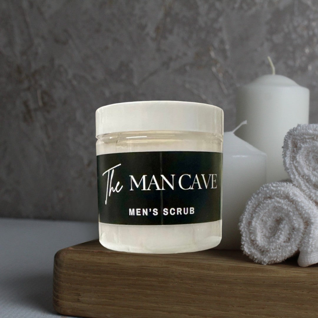 Doodlations Coffee Bar & Boutique The Man Cave Men's Scrub, 4 oz jars stacked, white whipped soap with black label