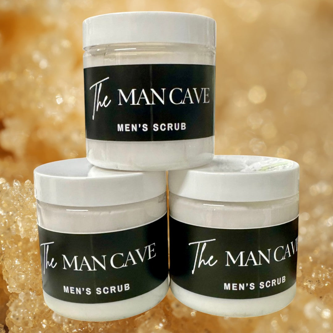 Doodlations Coffee Bar & Boutique The Man Cave Men's Scrub, white whipped soap in clear jars with black labels.