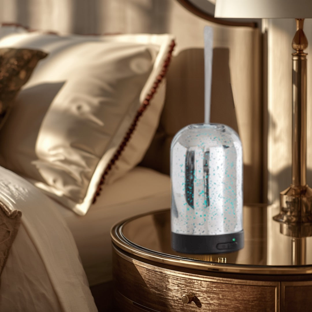 Doodlations Coffee Bar & Boutique silver mercury glass dome diffuser with random holes, 100ml capacity, 7 LED colors, 2 mist modes.