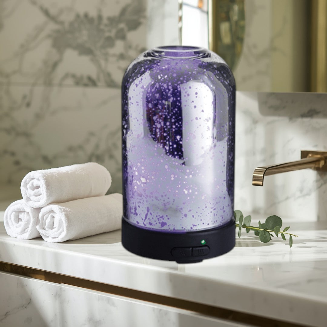 Doodlations Coffee Bar & Boutique silver mercury glass dome diffuser with random holes, 100ml capacity, 7 LED colors, 2 mist modes.