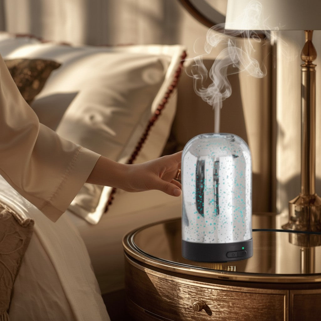 Doodlations Coffee Bar & Boutique mercury glass aroma diffuser with mist on a bedside table in a bedroom setting