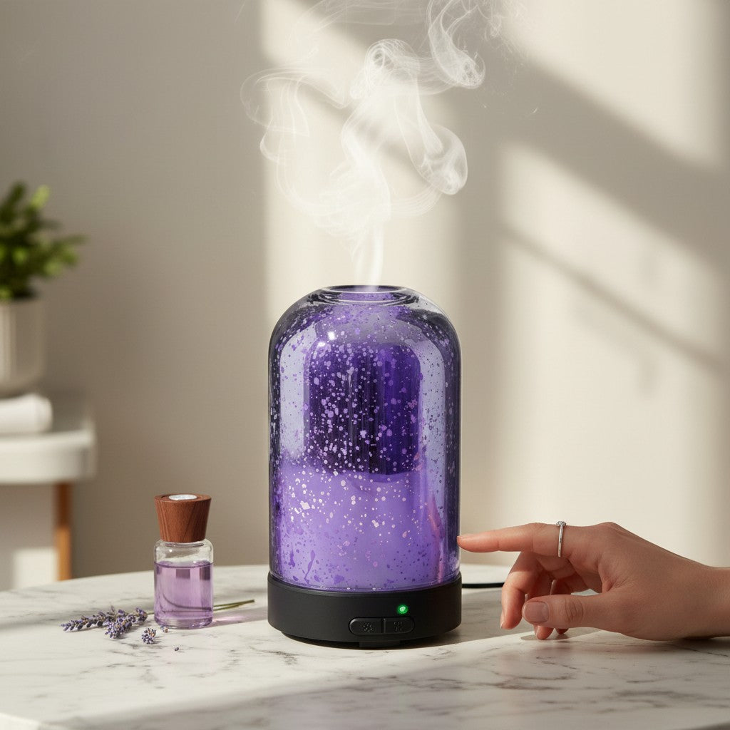 Doodlations Coffee Bar & Boutique purple mercury glass aroma diffuser emitting mist on a marble table with oil bottle