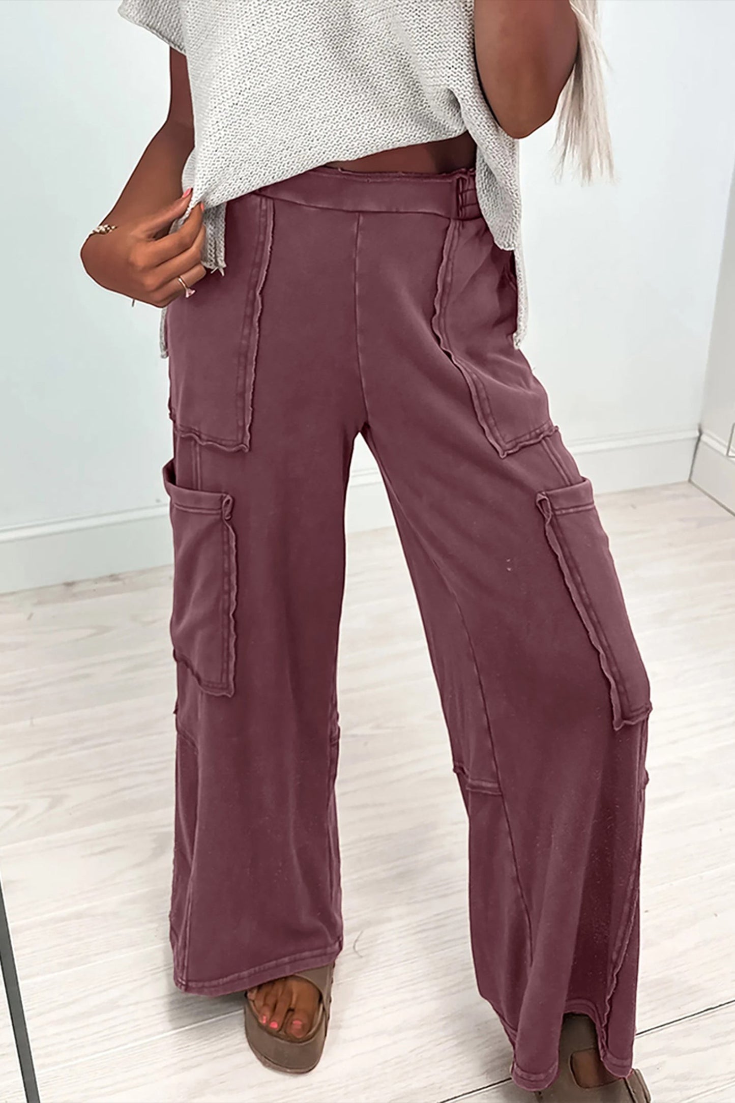 Doodlations Coffee Bar & Boutique merlot mineral wash cargo sweatpants with raw seams and elastic drawstring waist.