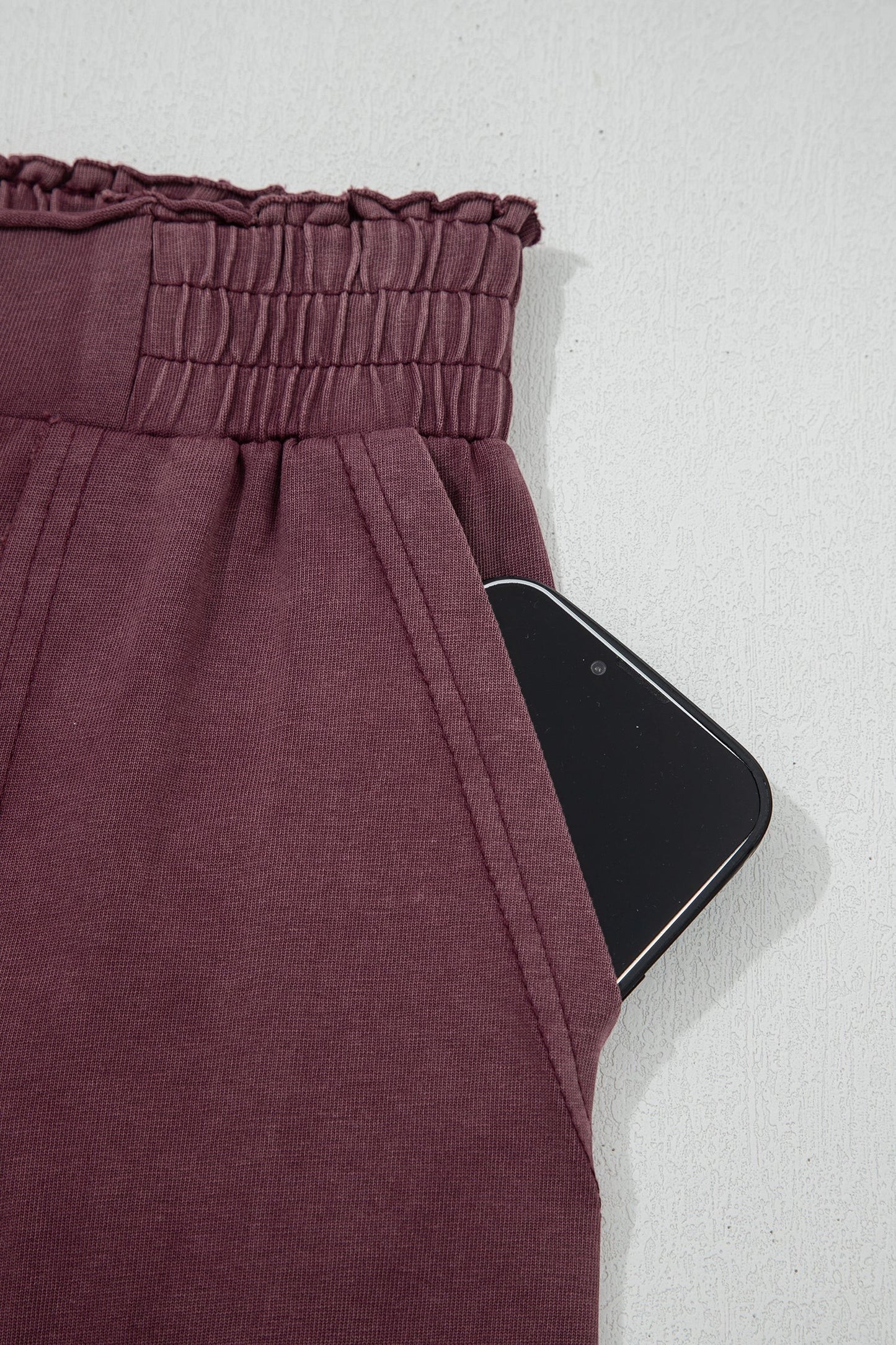 Doodlations Coffee Bar & Boutique merlot mineral wash cargo sweatpants featuring a deep side pocket and elastic waist
