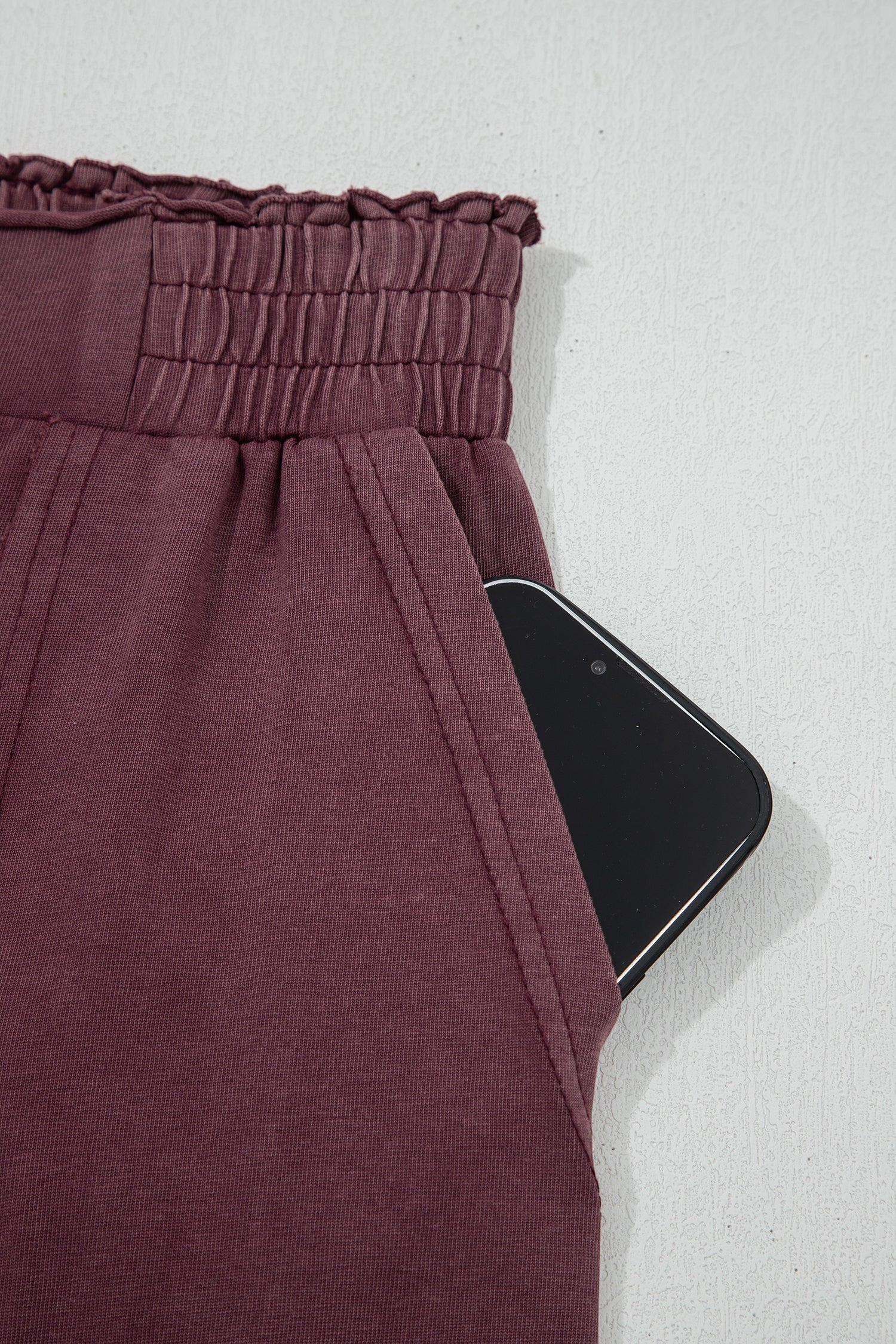 Doodlations Coffee Bar & Boutique merlot mineral wash cargo sweatpants featuring a deep side pocket and elastic waist