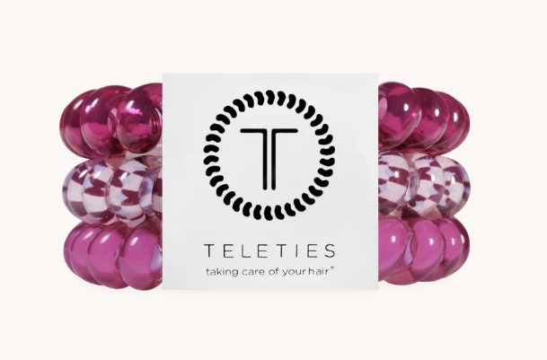 Doodlations Coffee Bar & Boutique Teleties Merlot After Midnight spiral hair ties in fuchsia, pink plaid, and berry.