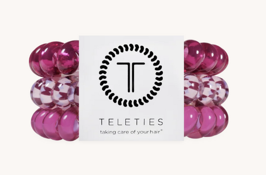 Doodlations Coffee Bar & Boutique Teleties Merlot After Midnight spiral hair ties in fuchsia, pink plaid, and berry.