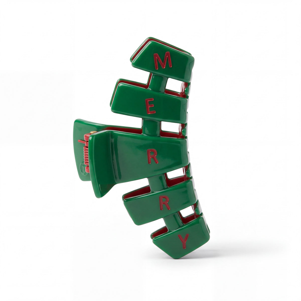 Doodlations Coffee Bar & Boutique green Teletie classic claw hair clip with red Merry lettering and bendable teeth