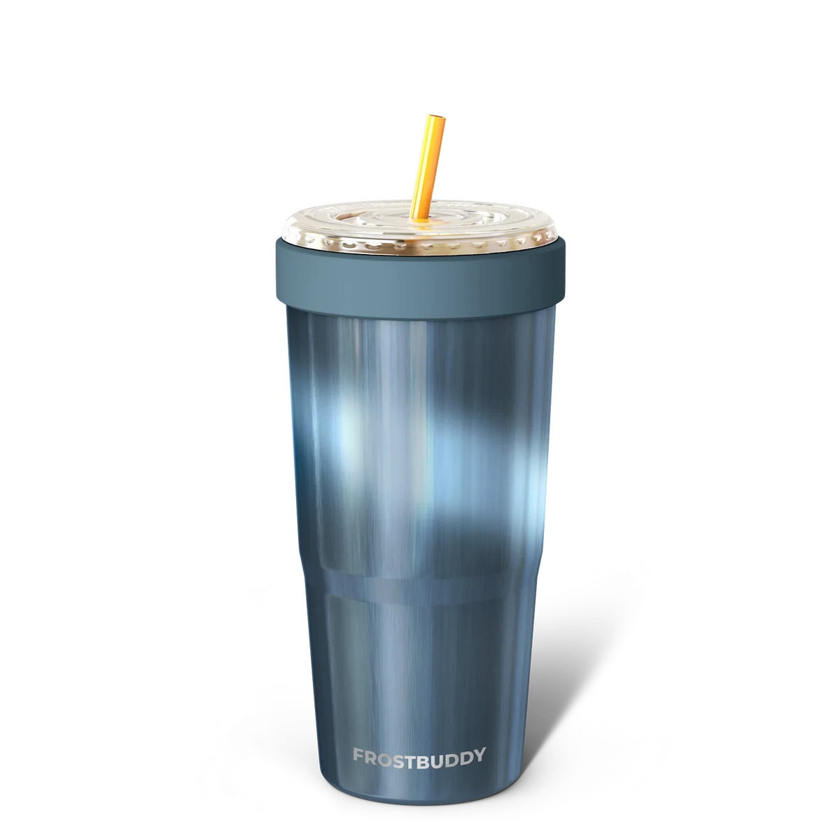 Doodlations Coffee Bar & Boutique Frost Buddy To-Go Buddy insulated tumbler in metallic blue with a straw and lid.
