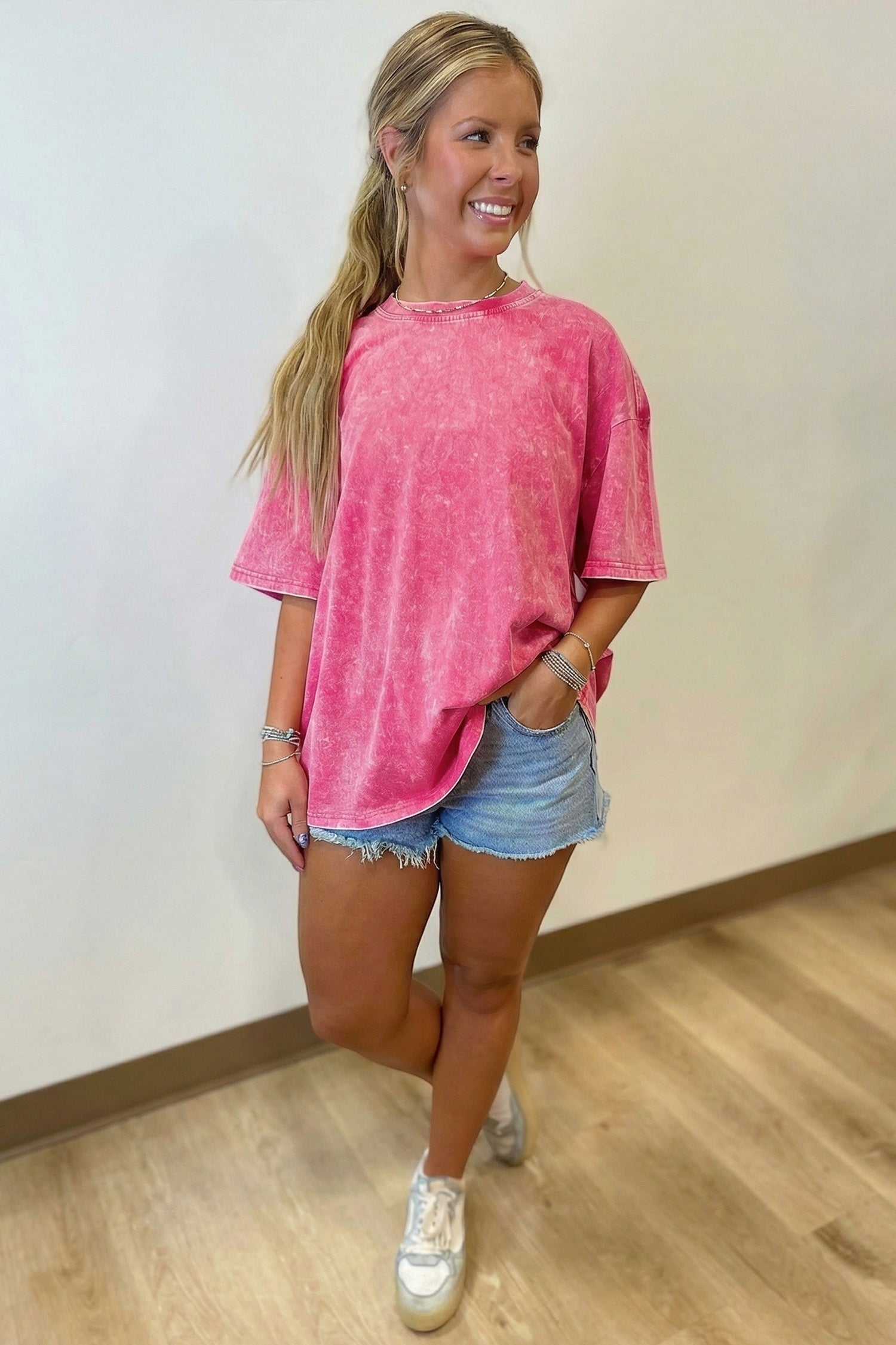 Doodlations Coffee Bar & Boutique's The Mia oversized mineral-washed cotton tee in sachet pink.